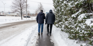 Résidence pour aînés en hiver avec accès déneigé pour assurer la sécurité des déplacements 